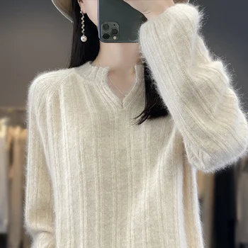 100% mink kašmir mehka luč sleeve jopica žensk Proti-vrat puloverju priložnostne plesti 2024 Pomlad Jesen nova barva svoboden vrh