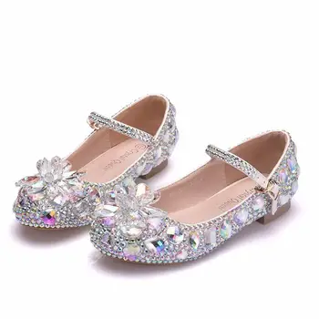 2020 Novo Otrok Kristalno čevlji Uspešnosti Ples Nosorogovo Dekleta Usnjeni Čevlji Princesa Stekla Cvet Otroci Čevlji z Visoko peto