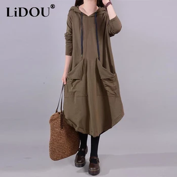 2023 Pomlad Jesen Nova Barva Long Sleeve Hooded Midi Obleka Ženske Modni Žepi Asimetrični Vse-tekmo Vintage Obleke