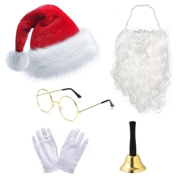 5Pcs Praznično Božiček Kostum Nastavite Klobuk & White Rokavice & Brado Očala Zvonovi Vključeni