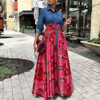 Afriške Obleke za Ženske, Jeseni, Pozimi Afriške Dolg Rokav Tiskanje Poliester Rdeča Modra Dolgo Obleko Obleko Maxi Afriška Oblačila