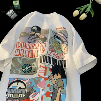 Ameriški par t-shirt risank anime tiskanja kratkimi rokavi moški in ženske high street oversiz poletje par obleko, ki je vse-match vrh