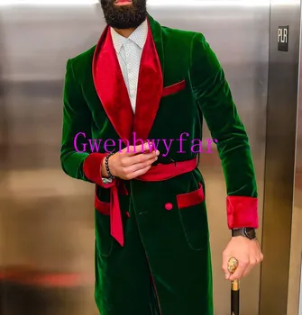 Gwenhwyfar Zeleno Žametno Dolgo Tuxedos Slim Fit, Prilagojene Formalno Moške Obleke 2Pieces Maturantski Blazerji (Suknjič+Hlače) G3032