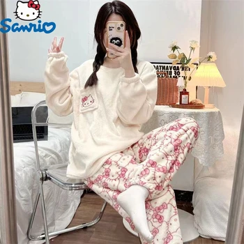 Japonski Risani Sanrio Hello Kitty Stvari Pižamo Ženski Flanela Pozimi Nova Plus Žamet Zgostitev Sladko, Toplo Trenirko