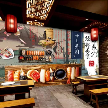 Japonski Slog Ukiyo-e Zidana Suši Temo Ozadje 3D Kuhinje Restavracije Industrijske Dekor Kulture v Ozadju Stene Papirja 3D