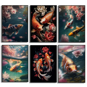 Japonski Umetnosti Rdeče Koi Srečen Krap Zlata Ribica Sakura Jezero, Pokrajina Plakat Platno Stensko Slikarstvo Umetnost Slike Orientalski Doma Dekor