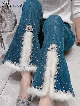 Jeans za Ženske Zimske Nove korejske Modne Sladko Težka Nosorogovo Režejo Hemline Na Rob Krznen Slim-fit Mozaik Bootcut Hlače