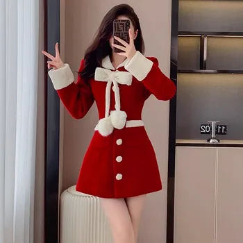 Nove Ženske Tweed Mini Obleko Zimo korejskem Slogu beloprsi Singl Lok Moda Urad Dama Letnik Rdeče Novo Leto, Božič Obleke
