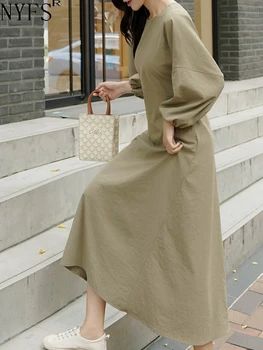 NYFS 2023 Jeseni Novo Koreja Ženska Obleka Vestidos Haljo Elbise Svoboden Plus Velikost Devet Sleeve Solid Dolge Obleke, L-4XL
