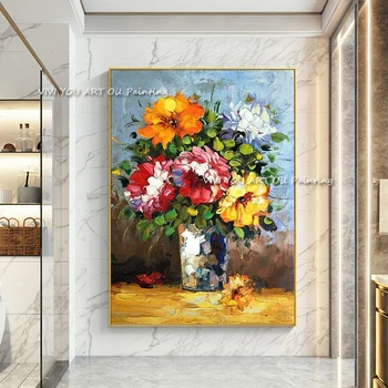 Pisane Rože v Vazi Sončnično Ročno Oljnih Slik Na Platnu Ustvarjalne Wall Art Slik, ki jih Urad Hotel Dekoracijo