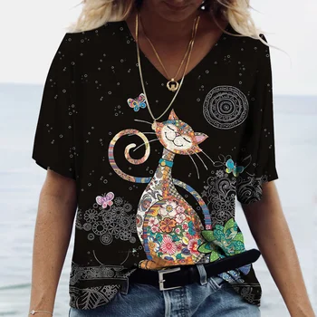 Poletna Modna ženska Majica s kratkimi rokavi Živali 3D Tiskanja Bombaža, Kratek Rokav Vrh V Vratu Harajuku Športna ženska Oblačila Prevelik Tees
