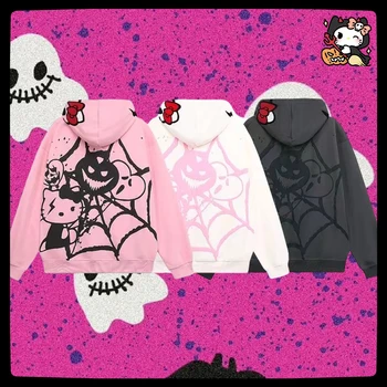Risanka Sanrio Hellokitty Tiskanja Žensk Bombaž Priložnostne Halloween Stil Hooded Majica Zip Kawaii Suknjič Darilo za Dekleta