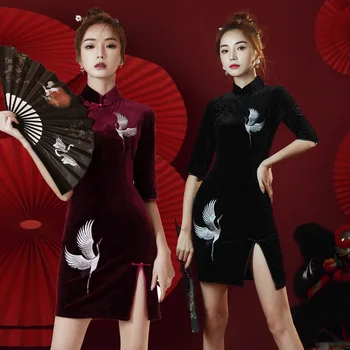 Seksi Pol Rokav Velur Qipao Kitajskih Žensk Mandarin Ovratnik Žerjav Vezenje Mini Cheongsam Elegantno Dnevno Obleko
