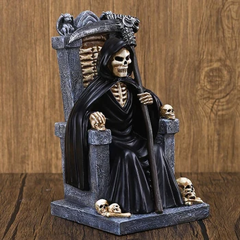 Smole Smrti Grim Reaper Kip Sedel Na Okostje Prestol Figur Smrtna Skull Glava Kip Carving Halloween Dekoracijo Ornament
