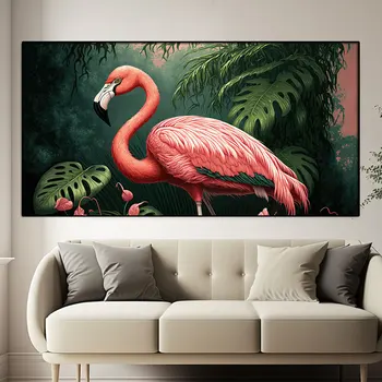 Sodobna Pisane Živali Flamingo Z Zelenimi Listi Platno Umetnosti Abstraktnega Slikarstva Natisniti Sliko, Stenski Plakat, Office Home Dekor