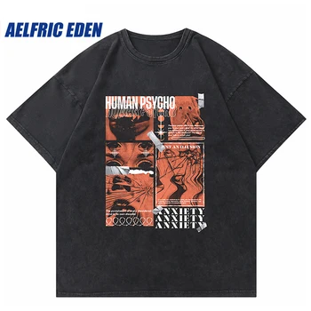 Ulične Hip Hop Prevelik T Shirt Človeške Tesnobe Graphic T-Shirt Harajuku Bombaž 2023 Moške Poletne Punk Oprati Tshirt Svoboden Vrh