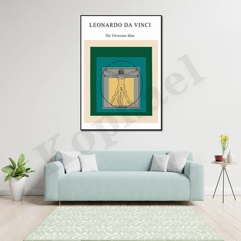 Vitruvian Man Leonardo Da Vinci Kip Umetnosti Modro-Zelena Povzetek Muzej Umetnosti Barve Blok Tiskanja Wall Art Plakat