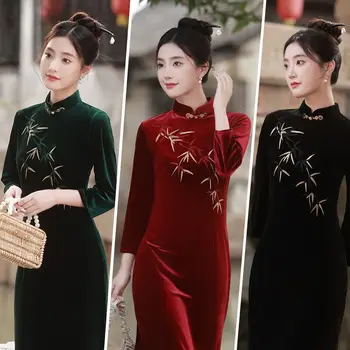 Yourqipao Novi Kitajski Jeseni, Pozimi Cheongsams Večerne Obleke Tradicionalne Rdeče Izboljšano Qipao Večerne Pasja Mati Obleko