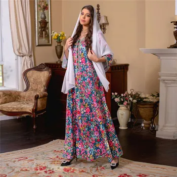 Ženske Muslimanska oblačila Hidžab Abaya Cvjetnim Tiskanja Maxi Obleko z Šal Jalabiya Dubaj Turčija tam kaftan Islamska Oblačila Haljo Ramadana Obleke Eid