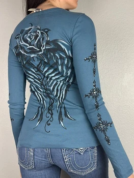 Ženske s Jeseni Priložnostne Gothic Vrhovi Modra Dolg Rokav Nosorogovo Vzorec Tiskanja Slim T-shirt