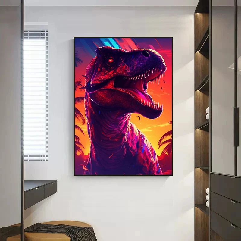 Živali Dinozaver T Rex Retro sončnem zahodu Sonca SynthWave Plakatov in Fotografij Platno Stensko Slikarstvo v slikah, za Dnevni Sobi Doma Dekor