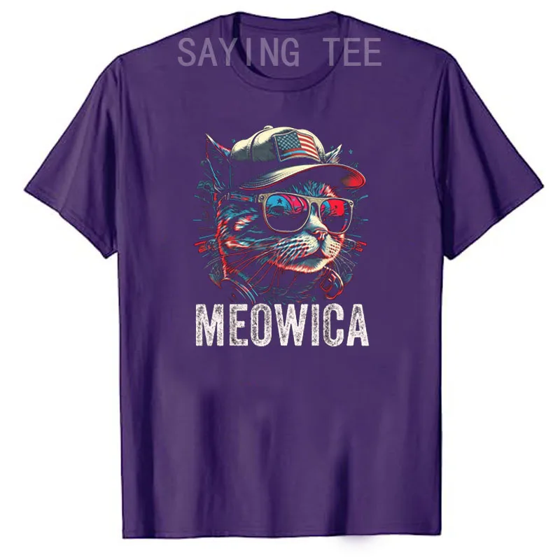 Meowica 4. julija Mačka Ameriško Zastavo Amerika ZDA Smešno T-Shirt Kitty Ljubimec Patriotske Graphic Tee Vrhovi Dan Neodvisnosti Oblačila